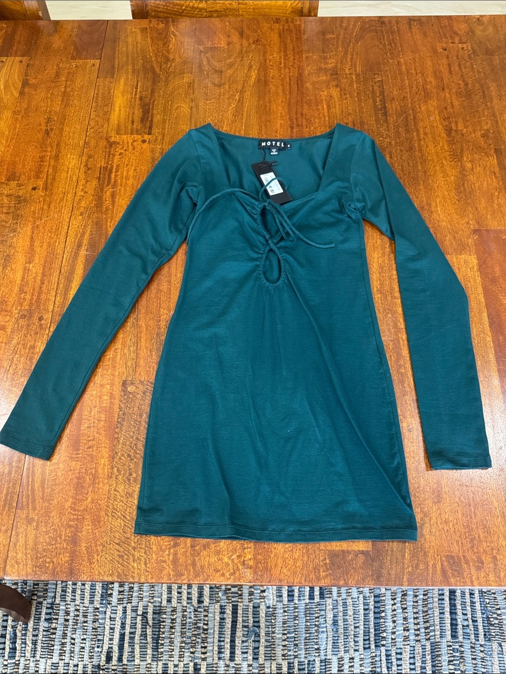 NWT Motel Rocks Teal Long Sleeve Tie-Front Mini Dress - Picture 3 of 11